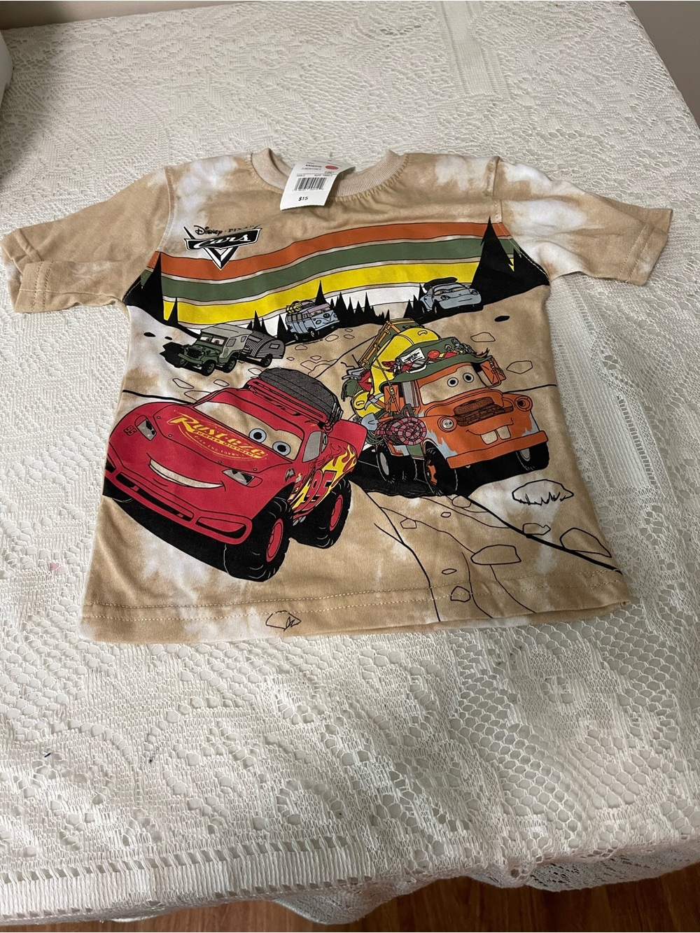Disney Cars Tan T-Shirt with Red & Orange Race Car Graphics